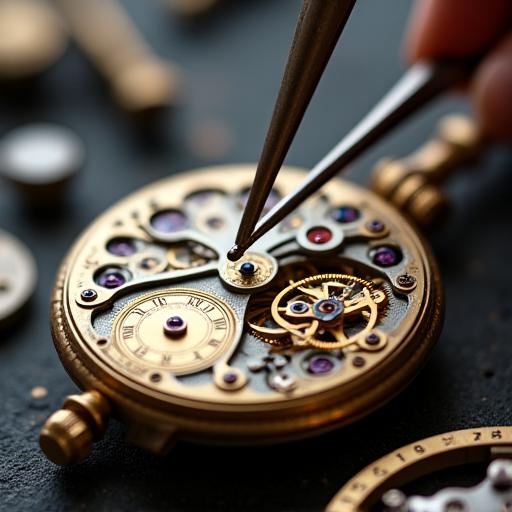 繊細なピンセットで慎重に修復されている複雑なアンティーク懐中時計の機械