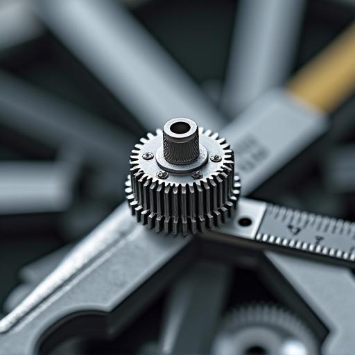 ノギスで掴まれた新たに機械加工された、微細で複雑な歯車のマクロショット