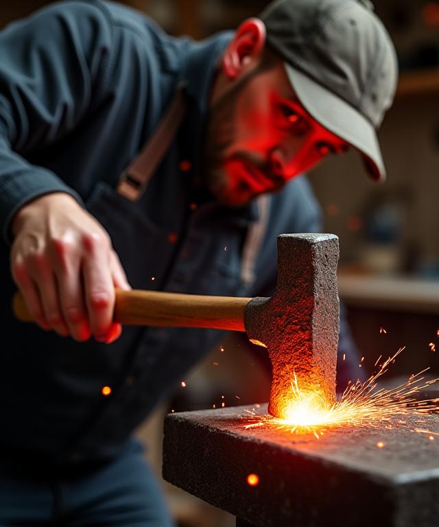 熟練の職人がハンマーでゴルフヘッドを慎重に成形している様子