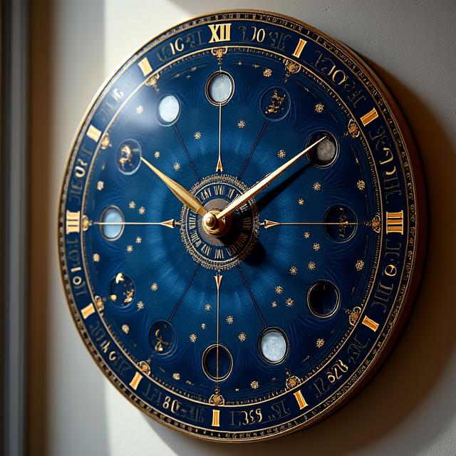 星座と月相表示を描いた紺色の文字盤が美しい円形の壁掛け時計